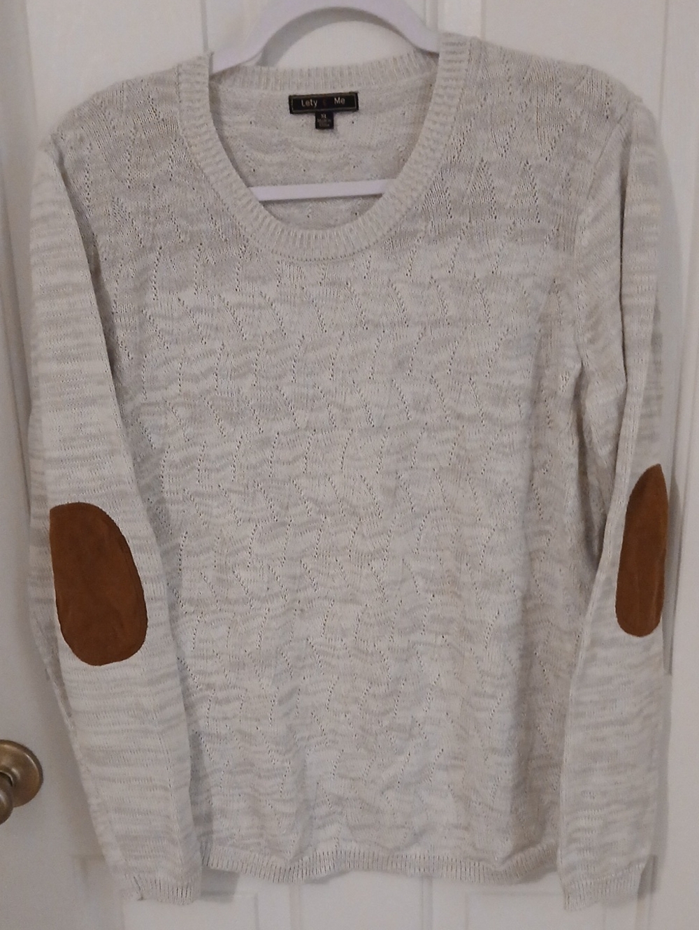 Lety Me Light Cream Cable Knit Sweater with Tan Elbow Patches -Size XL